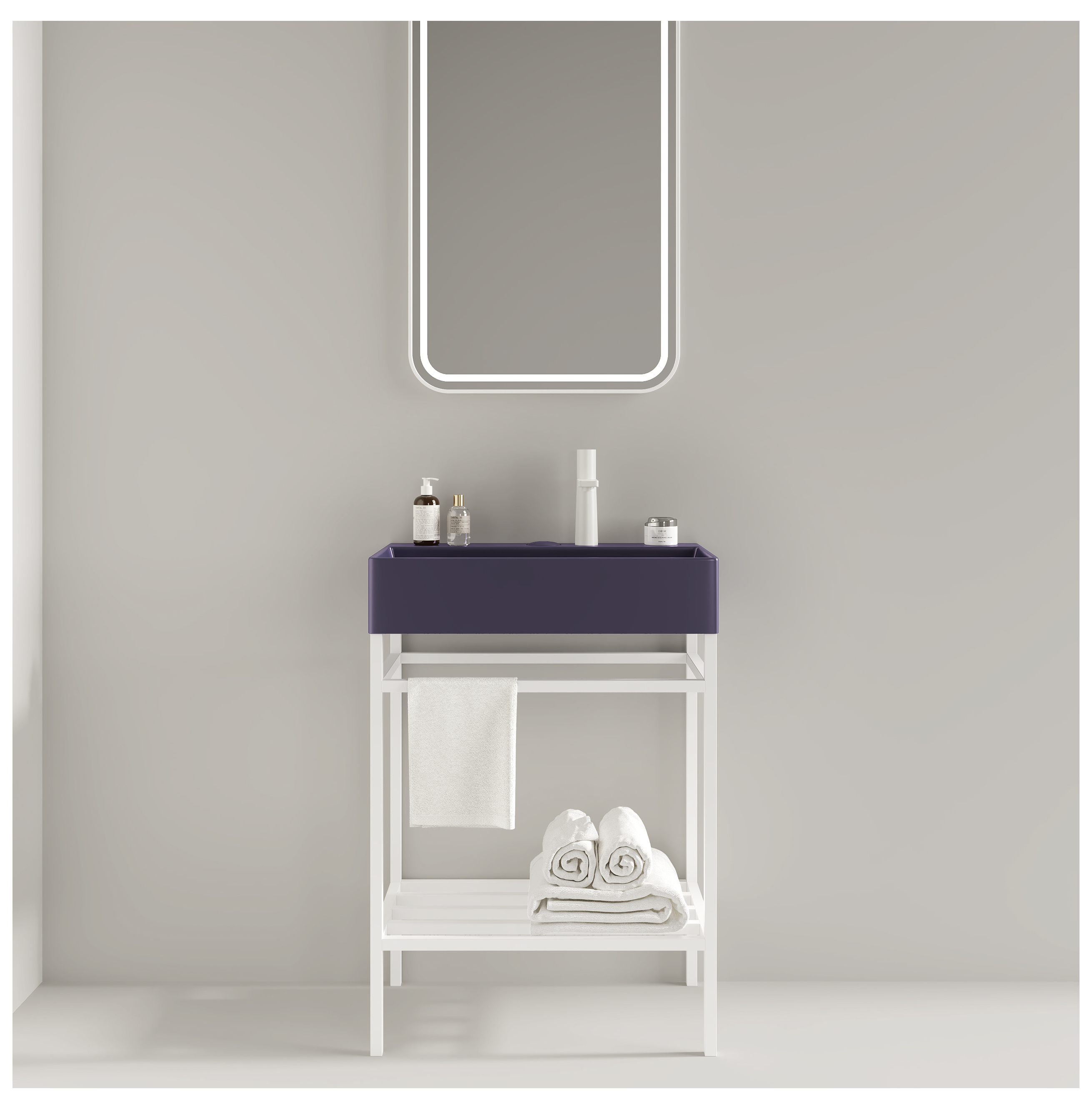 LOFI 24" Bathroom Vanity with Ceramic Basin, Freestanding Console Sink Cabinet with Open Metal Legs, Storage Shelves, White/Purple Finish