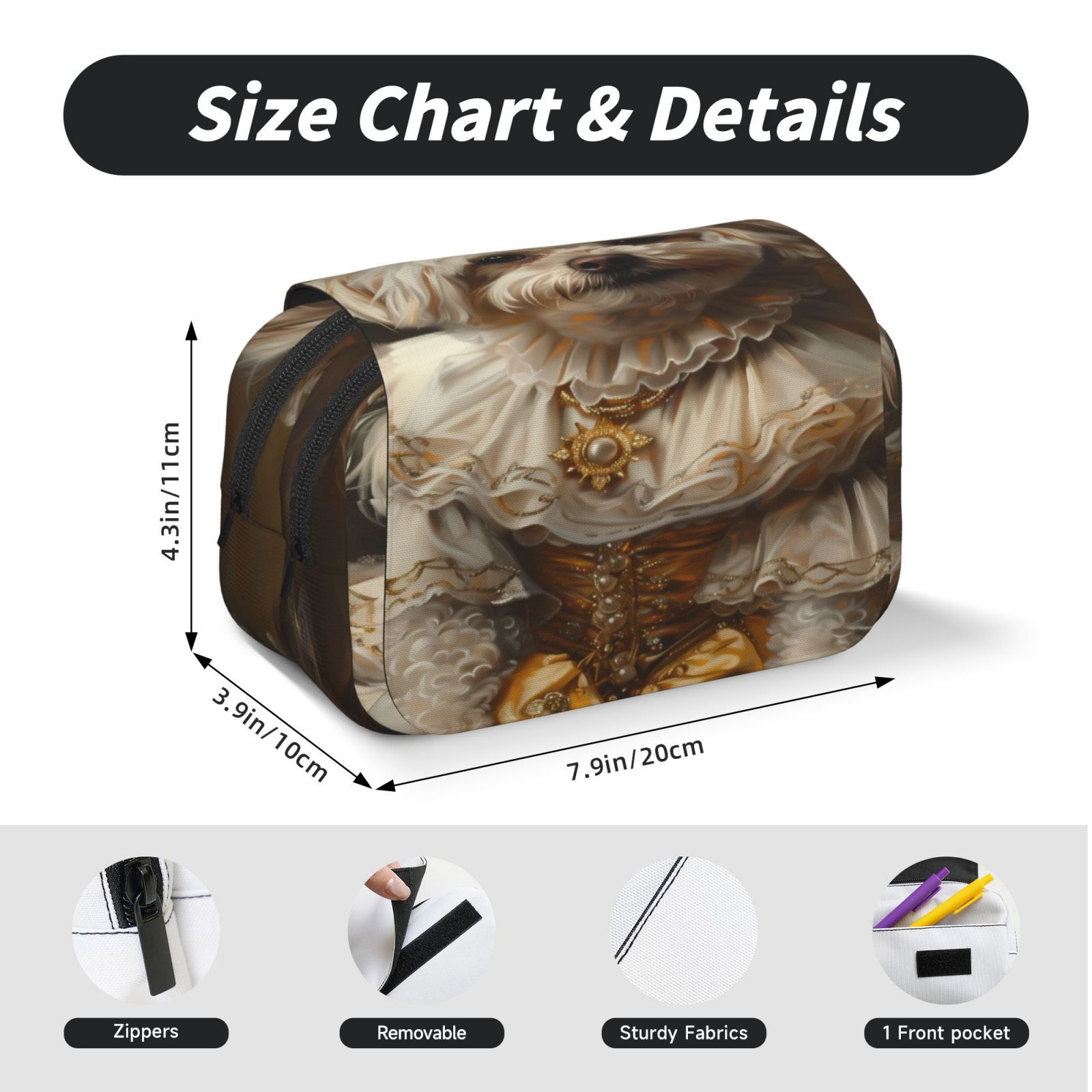 Rateoe Regal Dog In Royal Attire Pattern Double Clamshell Pen Case, Storage Organizer with Two Zipper Compartments– Holds Up to 50 Pencils & Pens