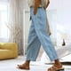 thumbnail image 3 of Pantalones Rectos Casuales Cordón Cintura Elástica Bolsillo Color Puro Pantalones Rectos Sueltos para Mujer Señora Chica Azul Claro XXL, 3 of 6