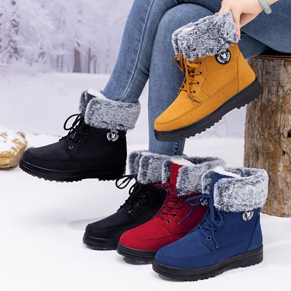 Cadancy Snow Boots for Women Furry Lining Lace Up Non Slip Ankle Booties Winter Warm Plush Comfortable Outdoor Walking Shoes Trendy Casual Fuzzy Boots
