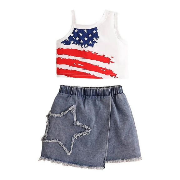 Tkrady Toddler Outfits for Girl Independence Day New Sleeveless Star Prints Vest Tops Jeans Skirts Set, Sizes 1-6 Years