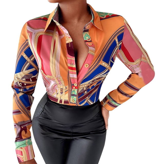 Blusas De Verano Blusas básicas estampadas Camisa con cuello en V Mujer Manga larga Traje diario (Naranja S) Cgtredaw Para estrenar