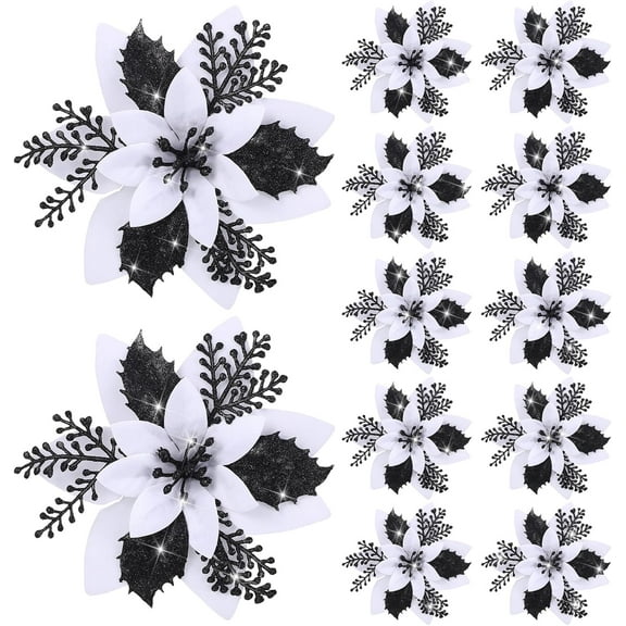 6.3 Inch Artificial Poinsettias Christmas Glitter Flowers with Clips Xmas Tree Flower Ornament Poinsettias Decor 12 Pieces