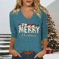 thumbnail image 2 of Fiaer Christmas Merry T Shirts for Women V Neck 3/4 Sleeve Holiday Graphic Tee Fall Loose Fit Plus Size Fashion Casual Tops Dark Blue XL, 2 of 4