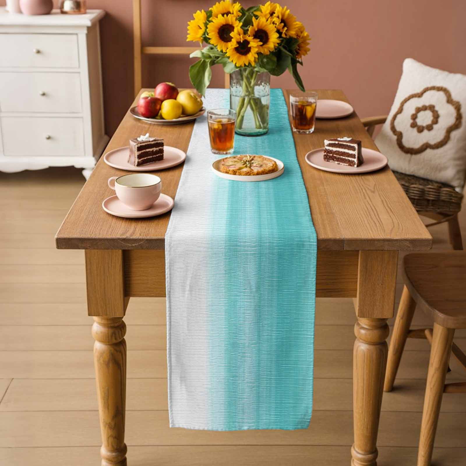 Aqua White Ombre Table Runner, Chic Modern Funny Abstract Striped Art Washable Cotton Linen Table Runners 48 Inches Long, Dresser Scarf Runner for Nightstand/Coffee/End Tables 13''x48''
