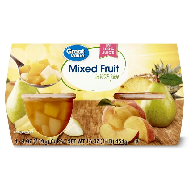 Great Value Mixed Fruit in 100 Juice, 4 oz, 4 Ct