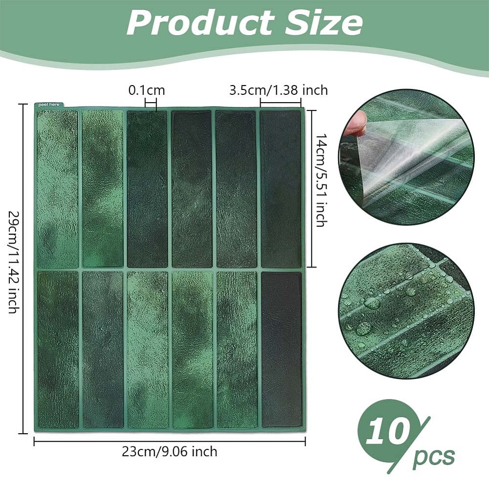 10 Sheets Peel and Stick Backsplash Tiles 3D Stick on Tiles 11.4x9.1 Inch Green Kitchen Wall Tile Self Adhesive Rectangle Wall Tile