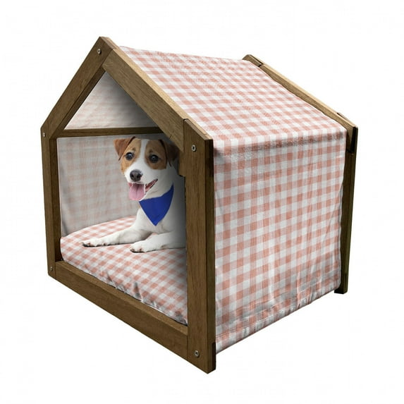 Checkered Pet House, Picnic in Countryside Themed Gingham Pattern in Soft Colored Print, Outdoor & Indoor Portable Dog Kennel with Pillow and Cover, 5 Sizes, Pale Peach and White, by Ambesonne