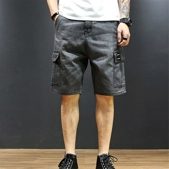 Lroveb Mens Denim Cargo Shorts Summer Baggy Loose Jean Shorts with Pockets Casual Walking Bermuda Shorts Black