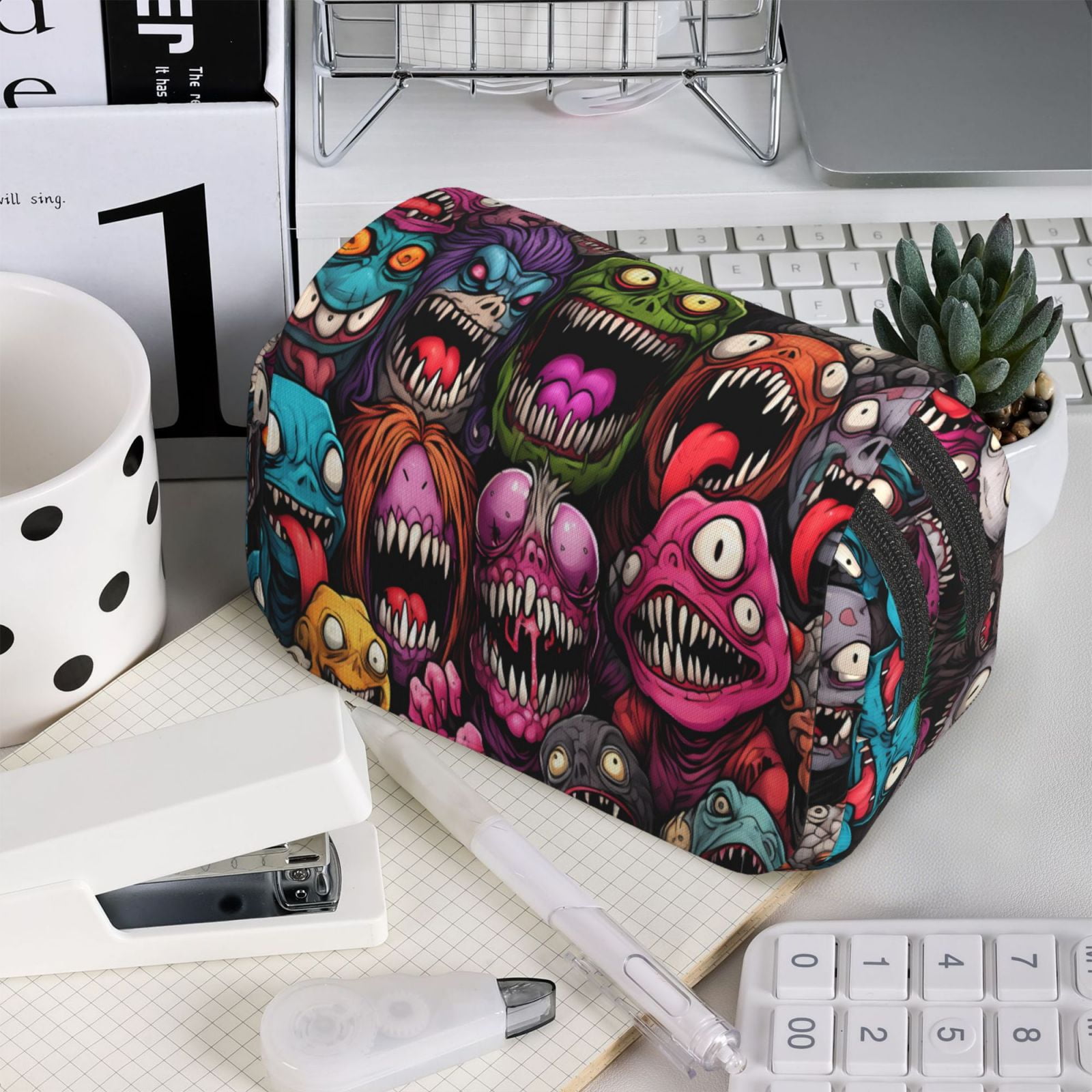 Rateoe Monstrous Cartoon Characters Pattern Double Clamshell Pen Case, Storage Organizer with Two Zipper Compartments– Holds Up to 50 Pencils & Pens