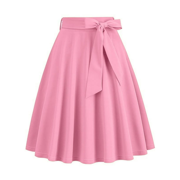 Karight Womens Midi Skirt Swing A-line Vintage Casual Elastic Wide Waist Flared Skirt with Belt