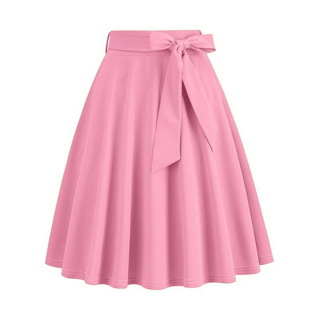 Karight Womens Midi Skirt Swing A-line Vintage Casual Elastic Wide Waist Flared Skirt with Belt