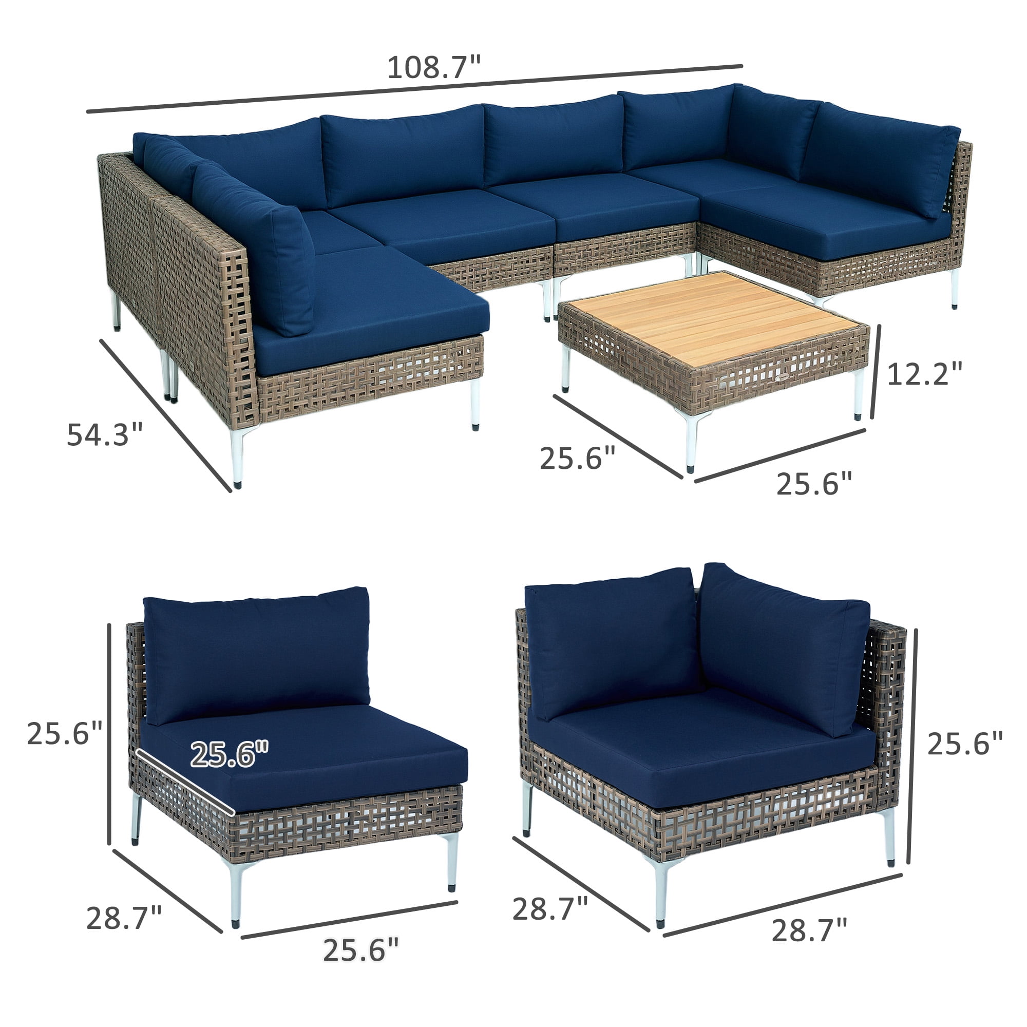 Outsunny 7 Piece Wicker Patio Furniture Set, Modular Outdoor Sectional Conversation Set with Thickened Cushions, Acacia Wood Table, Brown/Dark Blue
