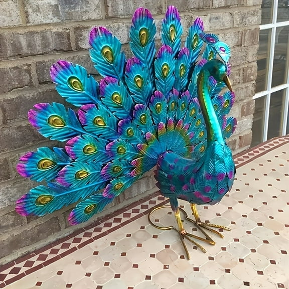 Vintage Metal Peacock Rooster Statue - Colorful Outdoor Garden Decor - Weather-Resistant Freestanding Sculpture for Patio & Yard Display