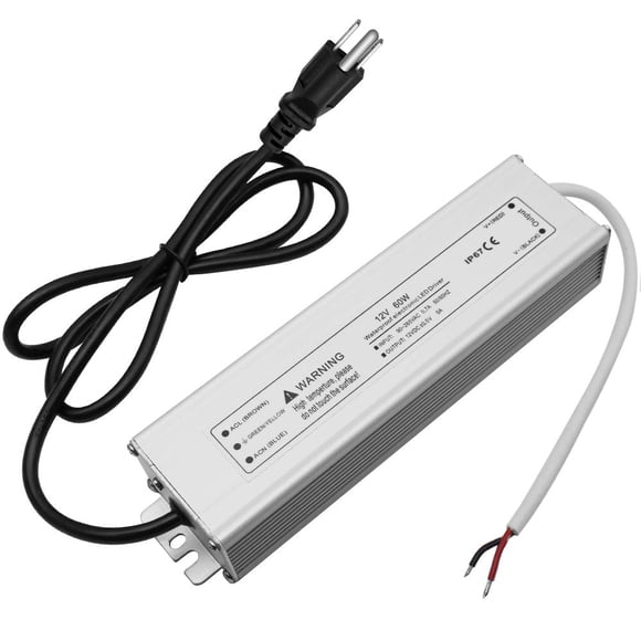 LED Driver Waterproof IP67 60W 12V LED Power Supply Transformer Adapter 110V AC to 12V DC Low Voltage Output with 3-Prong Plug 3.3 Feet Cable for LED Strip Lighting, Outdoor Use