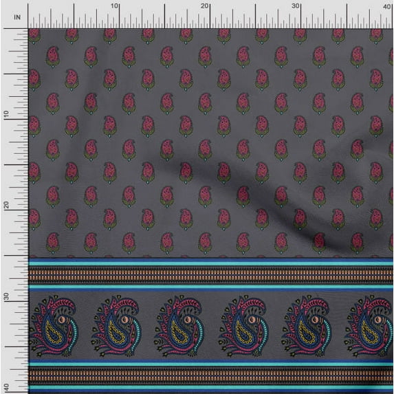 Soimoi Poly Georgette Fabric Stripe,Paisley & Peacock Panel Print Fabric by The Yard 42 Inch Wide