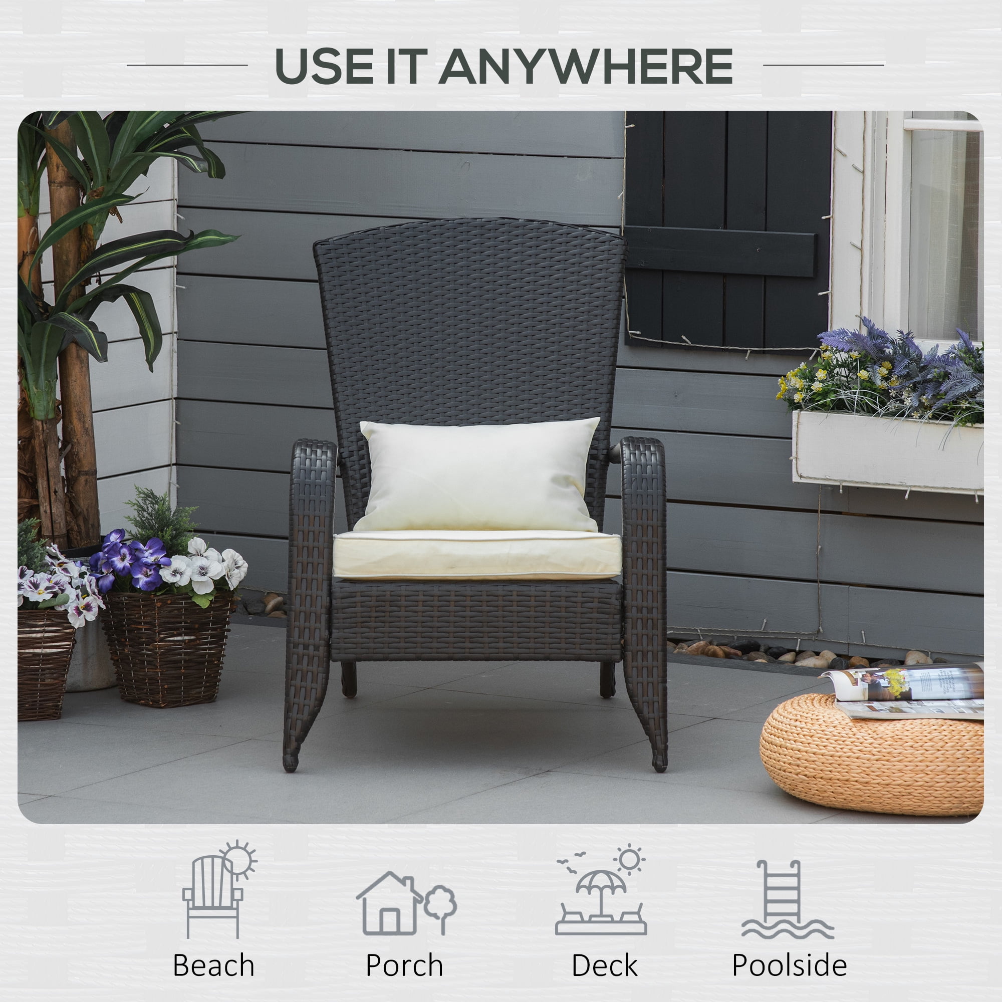 Outsunny Patio Wicker Adirondack Chair, Outdoor All-Weather Rattan Fire Pit Chairs w/ Soft Cushions, Tall Curved Backrest, and Comfortable Armrest for Deck or Garden, Cream White