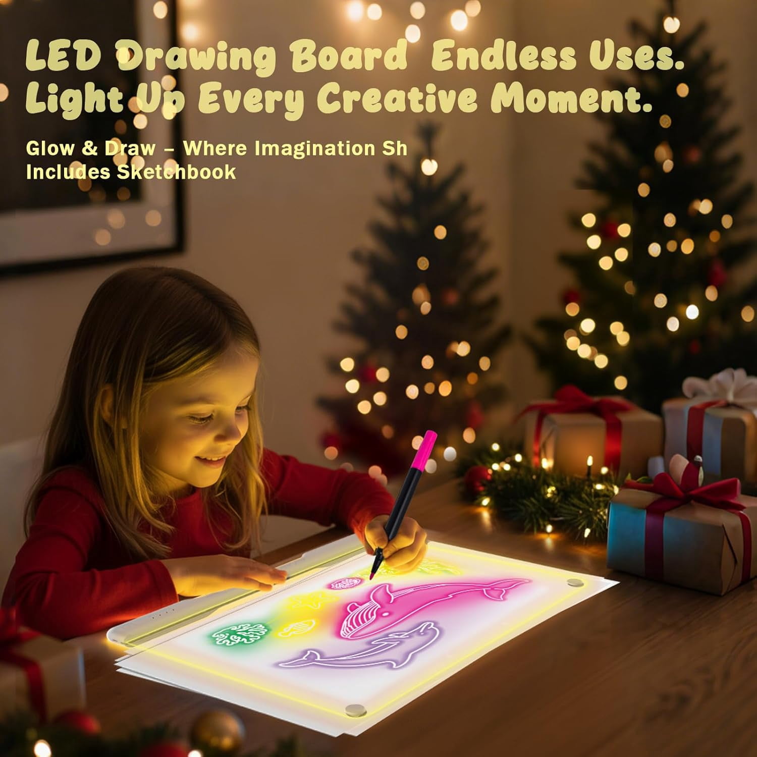 16-inch Rechargeable Doodle Glow LED Note Board, 4 Modes with 7 Colors Neon Art Dry Erase Light Up Led Drawing Board with Built-in Stand, Hanging Chain, Drawing Pad for Kids, Girls, Teens(White)