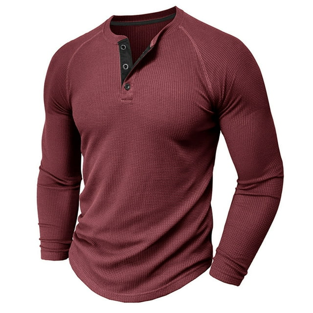 pstuiky Camisas para hombre de manga larga, Camisa informal de manga larga con cuello redondo y botones de color liso para hombre Tops casuales para hombres m