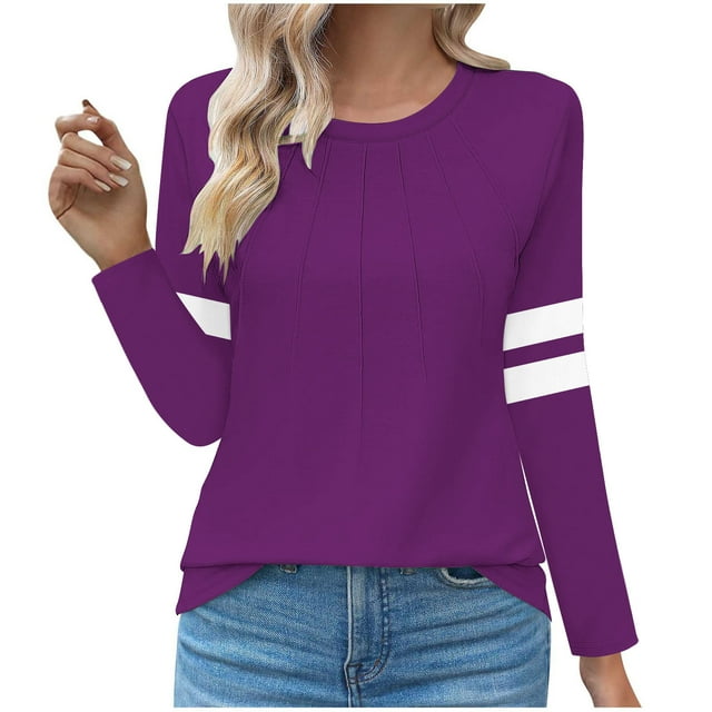 Lenpel T-Shirts pour Femmes à Rayures à Manches Longues Col Ras du Cou devant Plissé Tunique Habillée Décontractée Hauts Amples Tee Blouses (Violet, Moyen)