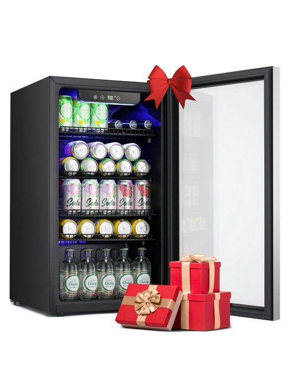 KISSAIR 126 Can Beverage Refrigerator and Cooler with Glass Door, Freestanding Wine Chiller for Home/Office/Bar-Black