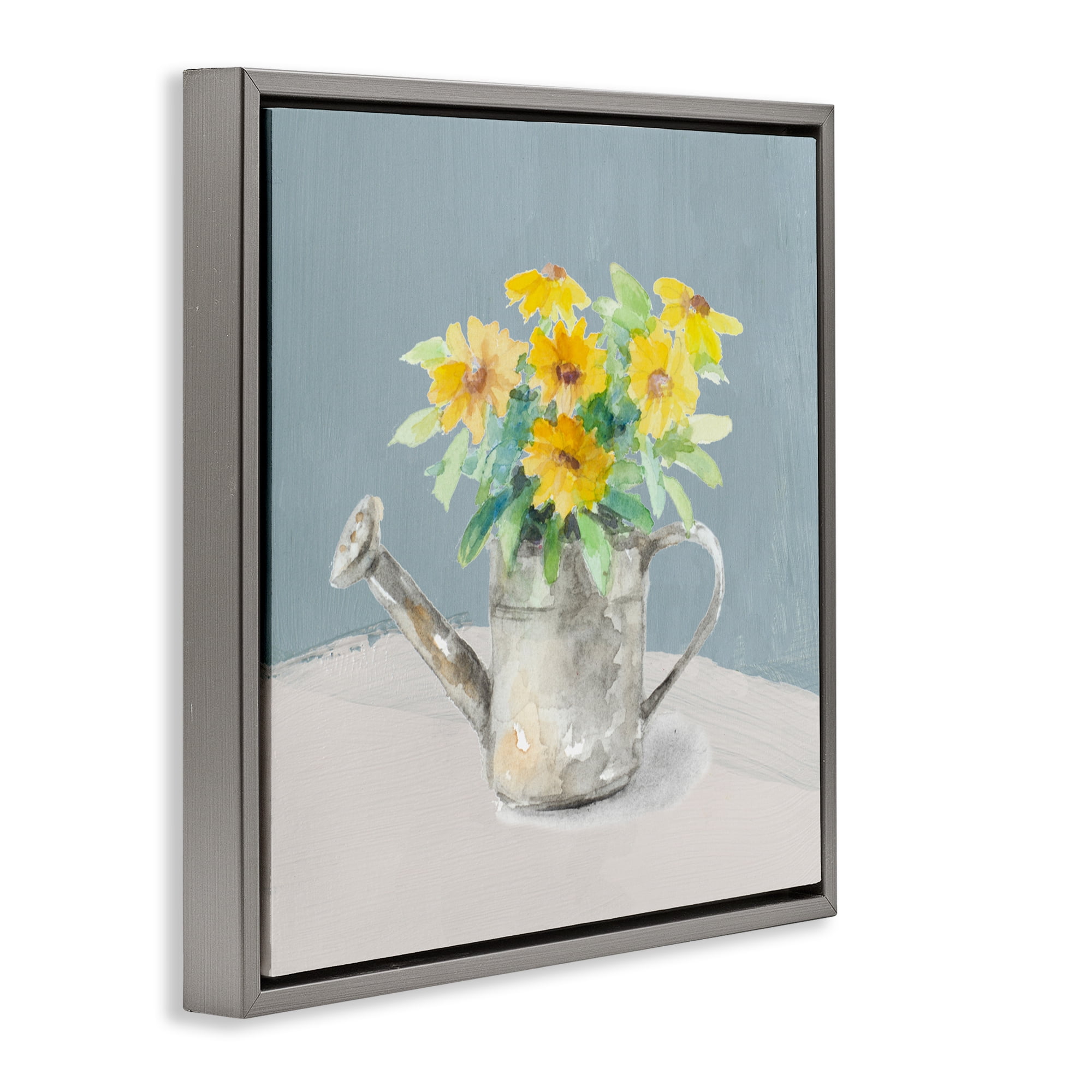 Stupell Industries Daisies in Watering Can Gray Framed Floater Canvas Wall Art, design by Lanie Loreth