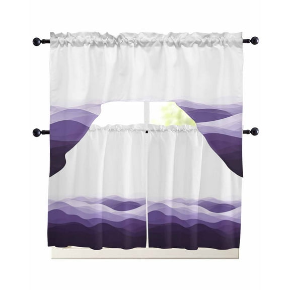 Purple Ombre Kitchen Curtains Swag Valance and Tier Curtains Set 24 Inch Length, Summer Minimalist Ocean Waves Rod Pocket Drape Panels Pair Swag Curtain for Bathroom/Cafe/Window