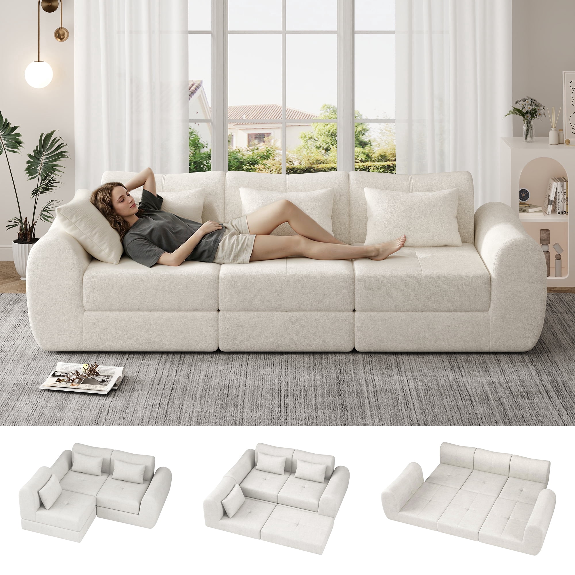 102" Cloud Sofa, 4-in-1 Folding Sofa Bed, Floor-Standing Boneless Couch, Futon Sofa Bed for Living Room, Bedroom and Entertainment Room(White)