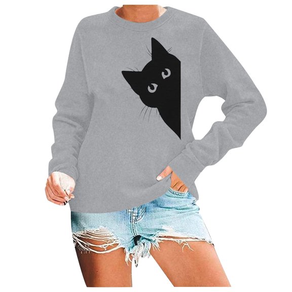 Oversized Sweatshirt for Women Autumn Cute Cat Print Crewneck Sweatshirt Long Sleeve Basic Lounge Top Drop Shoulder Design Hoodie Women Hoodies Grey L