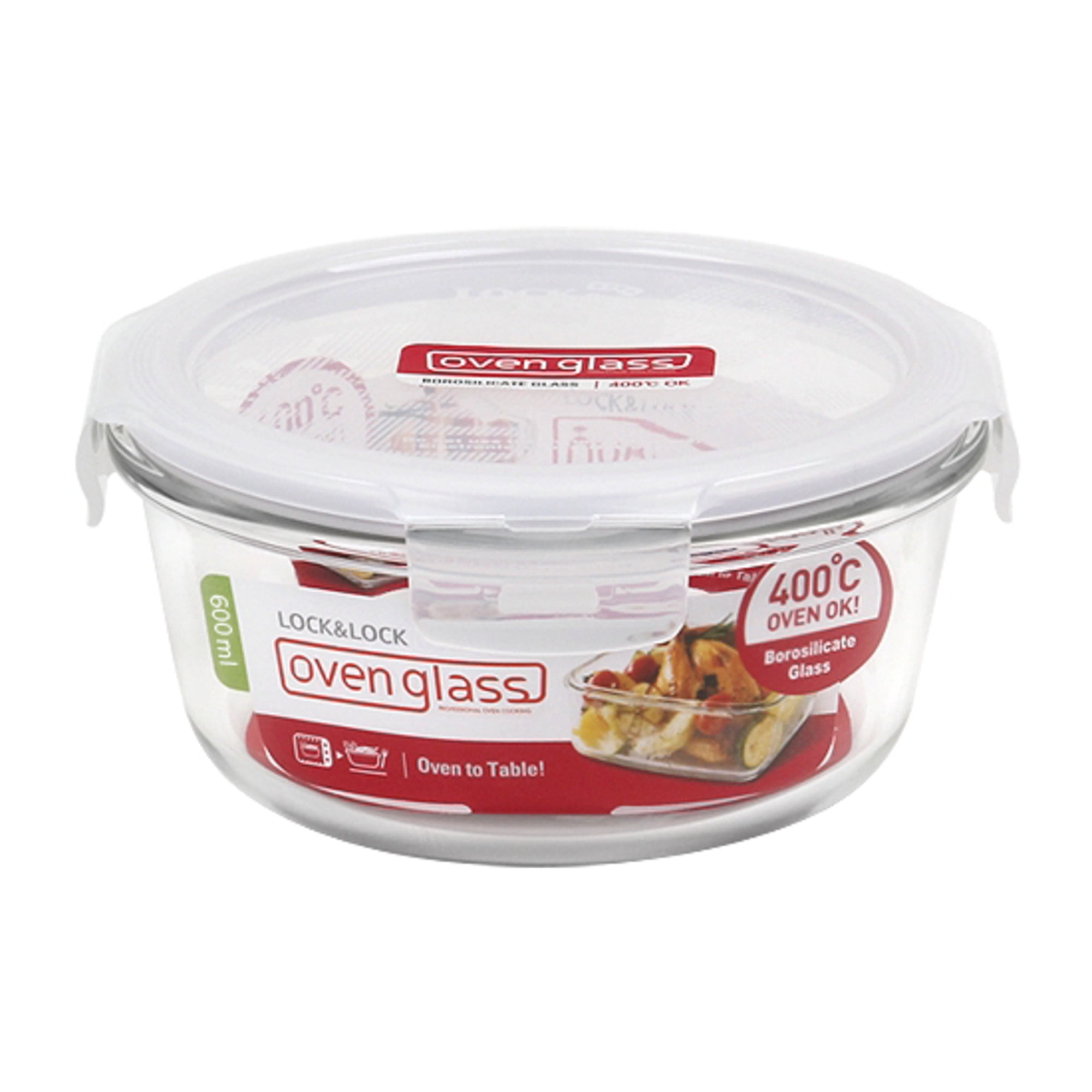 Round food storage container, 600 ml, made from glass, White - Glasslock