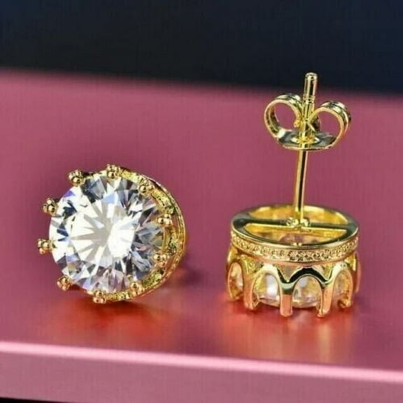 4Ct Round Cut Lab Created Diamond Women's Crown Stud Earrings In 14K Yellow Gold Plated 925 Silver