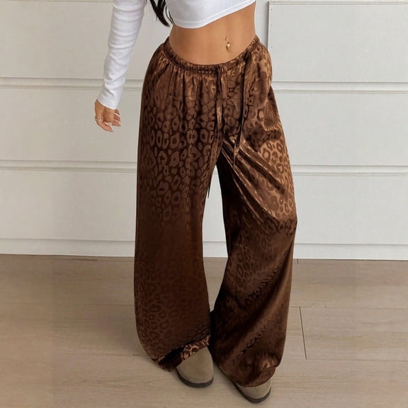 Womens Leopard Print Pants Wide Leg Lounge Sweatpants Elastic Waist Casual Trousers with Pockets