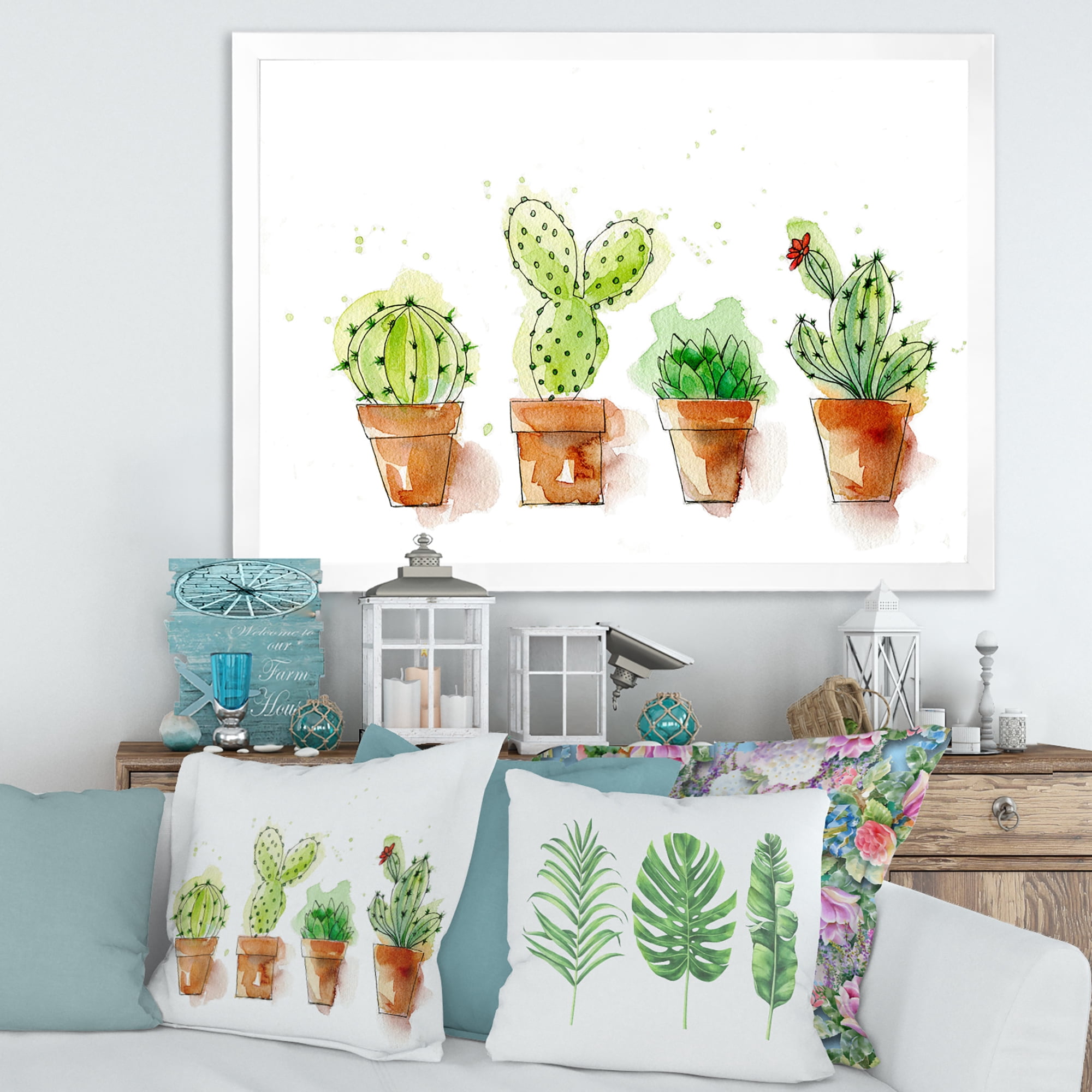 Designart 'Cacti In Gentle Tones In Ceramic Pots I' Traditional Framed Art Print