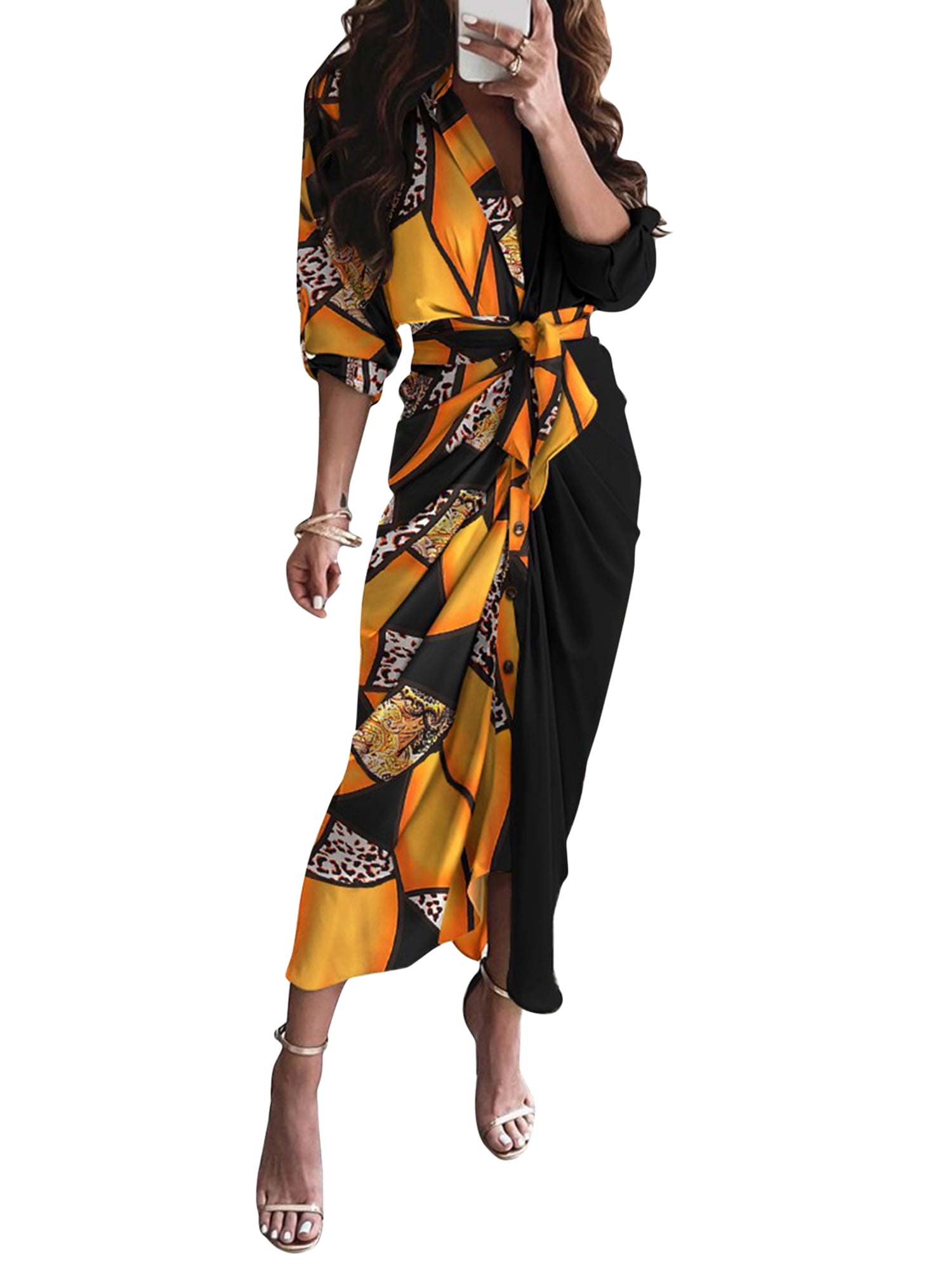 AMILIEe Women Elegant Button Down Dresses Long Sleeve V Neck Ruched Shirt Dress with Belt