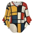 thumbnail image 5 of Mondrian Inspired Women's V-Neck Blouse With 3/4 Ruffled Bell Sleeves Casual Top Ladies Blouses, 5 of 7