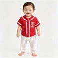 thumbnail image 3 of mgoYE 2Pcs Toddler Baby Boy Summer Baseball Outfit Set 3-6 Months Short Sleeve Baseball Button T-Shirt Top and Striped Pants Clothes Red, 3 of 6