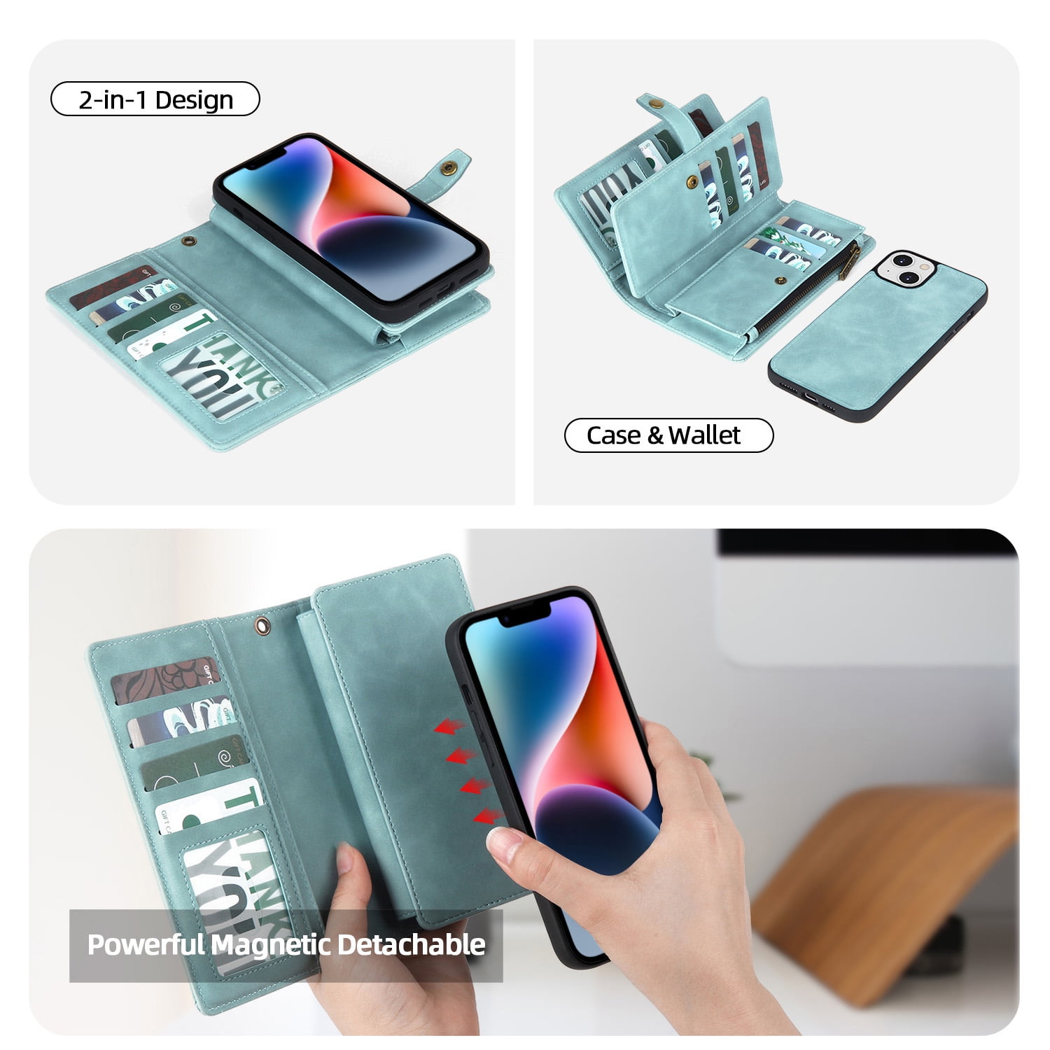 Dteck for iPhone 14 Plus Case, iPhone 14 Plus Case Wallet for Women Men, Durable PU Leather Magnetic Flip Lanyard Strap Wristlet Zipper Card Holder Phone Cases for iPhone 14 Plsu 6.7 Inch,Blue