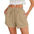 thumbnail image 2 of Shorts for Women Trendy JIANLAI Casual Cotton Linen Shorts Elastic Drawstring Summer Beach Vacation Shorts Pockets (S-5XL) Brown, 2 of 4