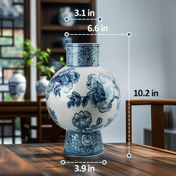 Chinese - style Blue - and - White Porcelain - inspired Bulbous Vase with Artificial White Roses Home Decor Ornament