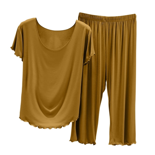 Timegard Ensembles de Pyjamas pour Femmes Été Col Rond Manches Courtes Tee Pantalons Capri Couleur Unie Tenues de Pyjamas