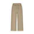 thumbnail image 4 of ZQUUVOU Women's Capris Pants Cotton Linen Solid Color Waist Elastic Drawstring Pants with Pocket (Khaki,2XL), 4 of 7