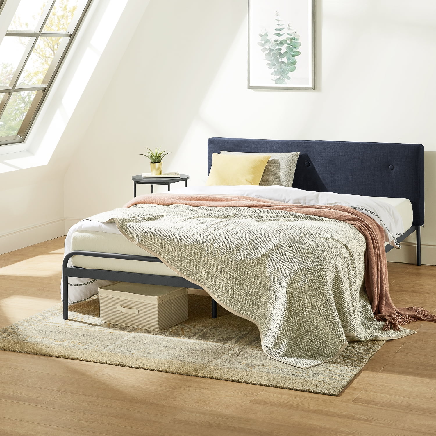 Mellow Maggie Metal Platform Bed with Upholstered Cushion Headboard, Navy, Queen