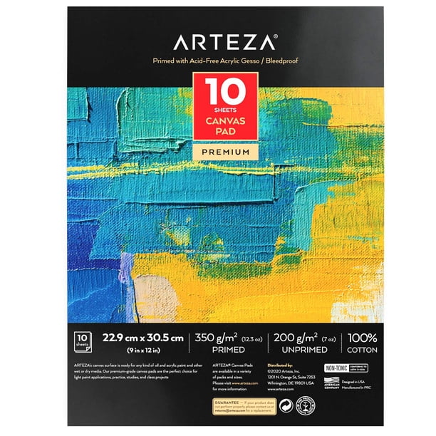 Arteza Canvas Pad 9 x 12 pulgadas 10 hojas 100% algodón 12.3 oz Papel de lienzo imprimado con pegamento Gesso para pintura al óleo y acrílica Suministros de arte para técnicas de medios mixtos
