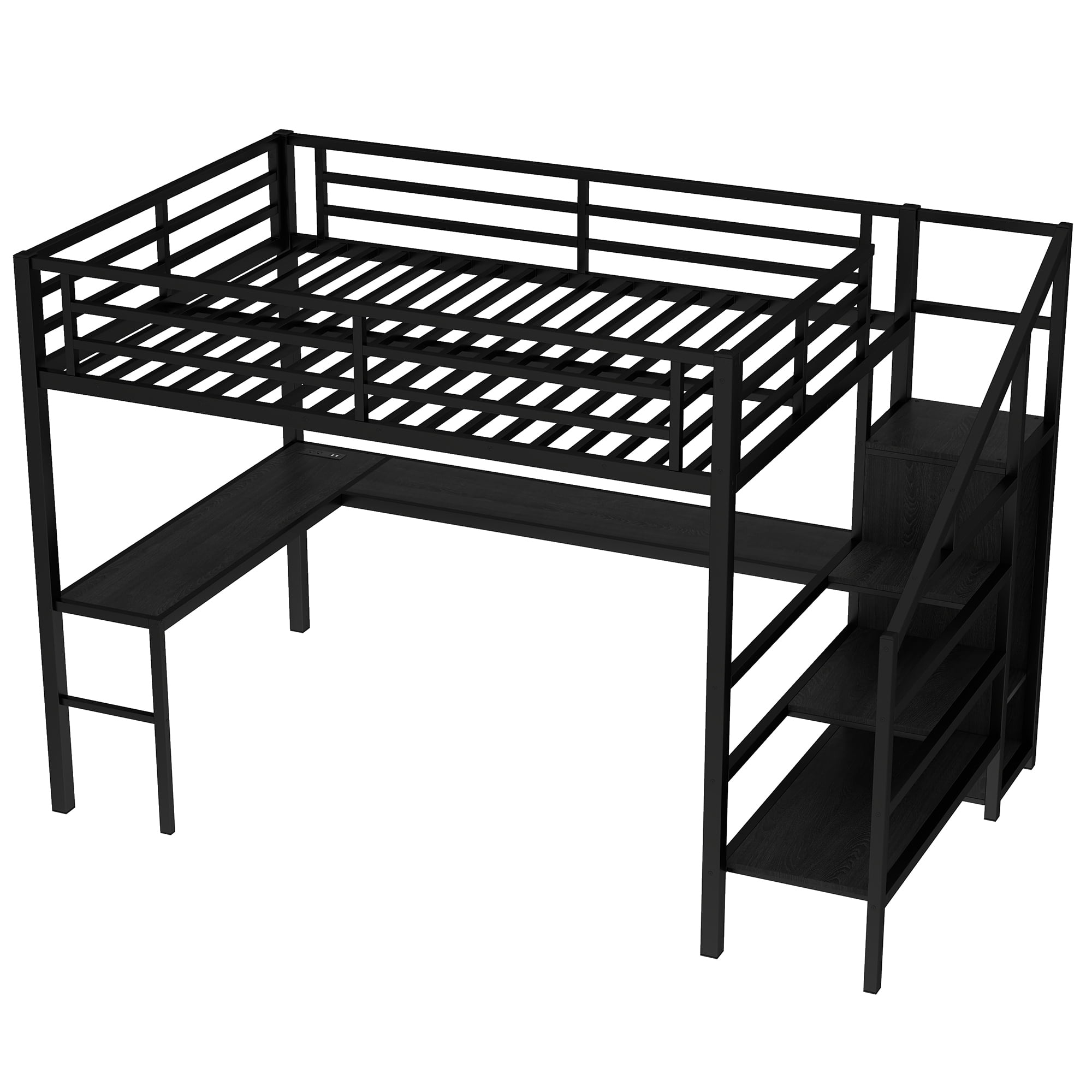 Aukfa Queen Size Loft Bed with L-Shaped Gaming Desk, Wardrobe, USB Ports & RGB Lights, Metal Loft Bed for Kids, Teens & Adults, Black