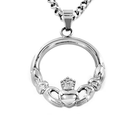 Claddagh White Pendant - Stainless Steel 'Claddagh' Circle Pendant Necklace