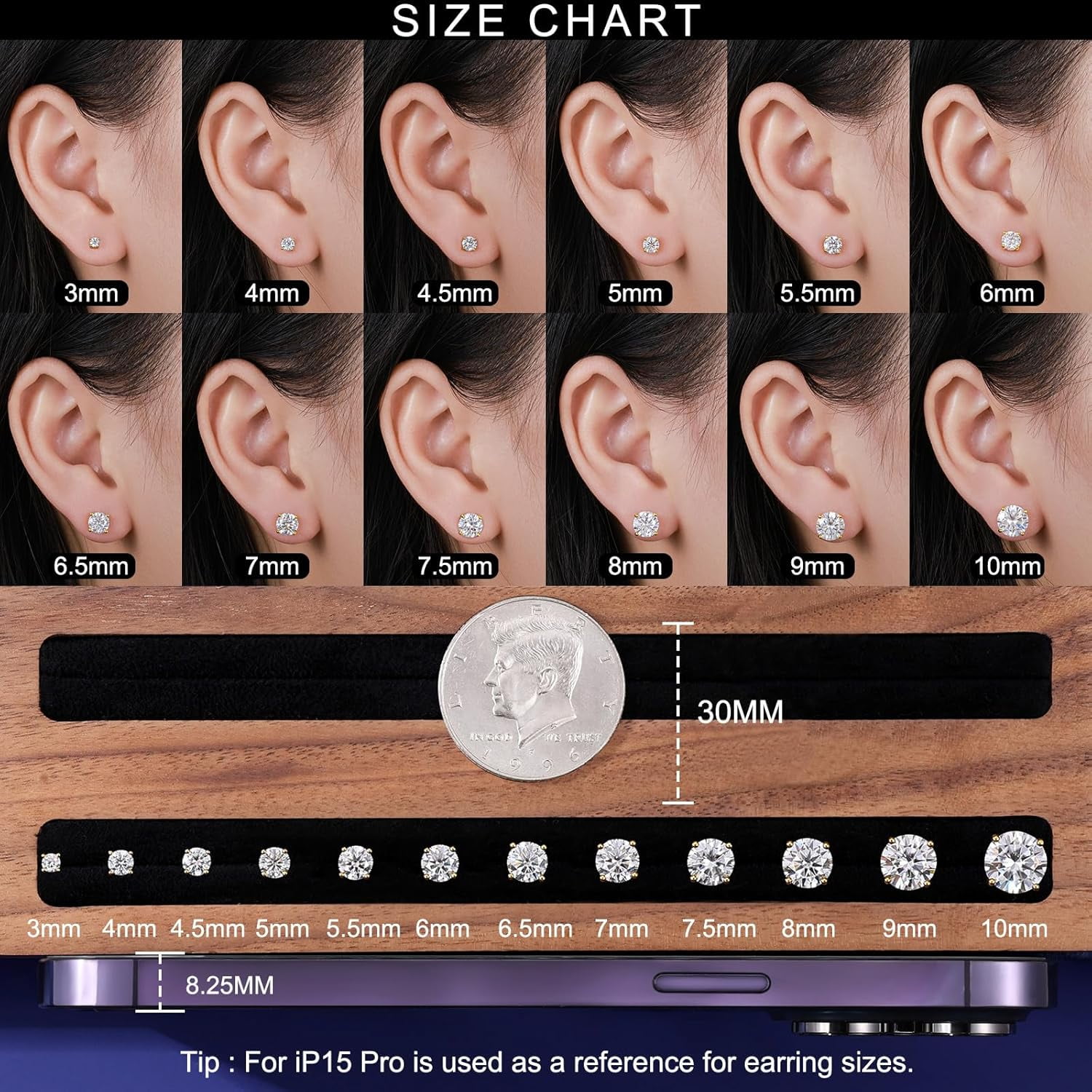 Moissanite Stud Earrings Screw Back 3-10mm 0.2ct-8.0ct 18K White Yellow Rose Gold Plated S925 Sterling Silver Round Cut D Color VVS1 Lab Created Moissanite Earrings for Women Men