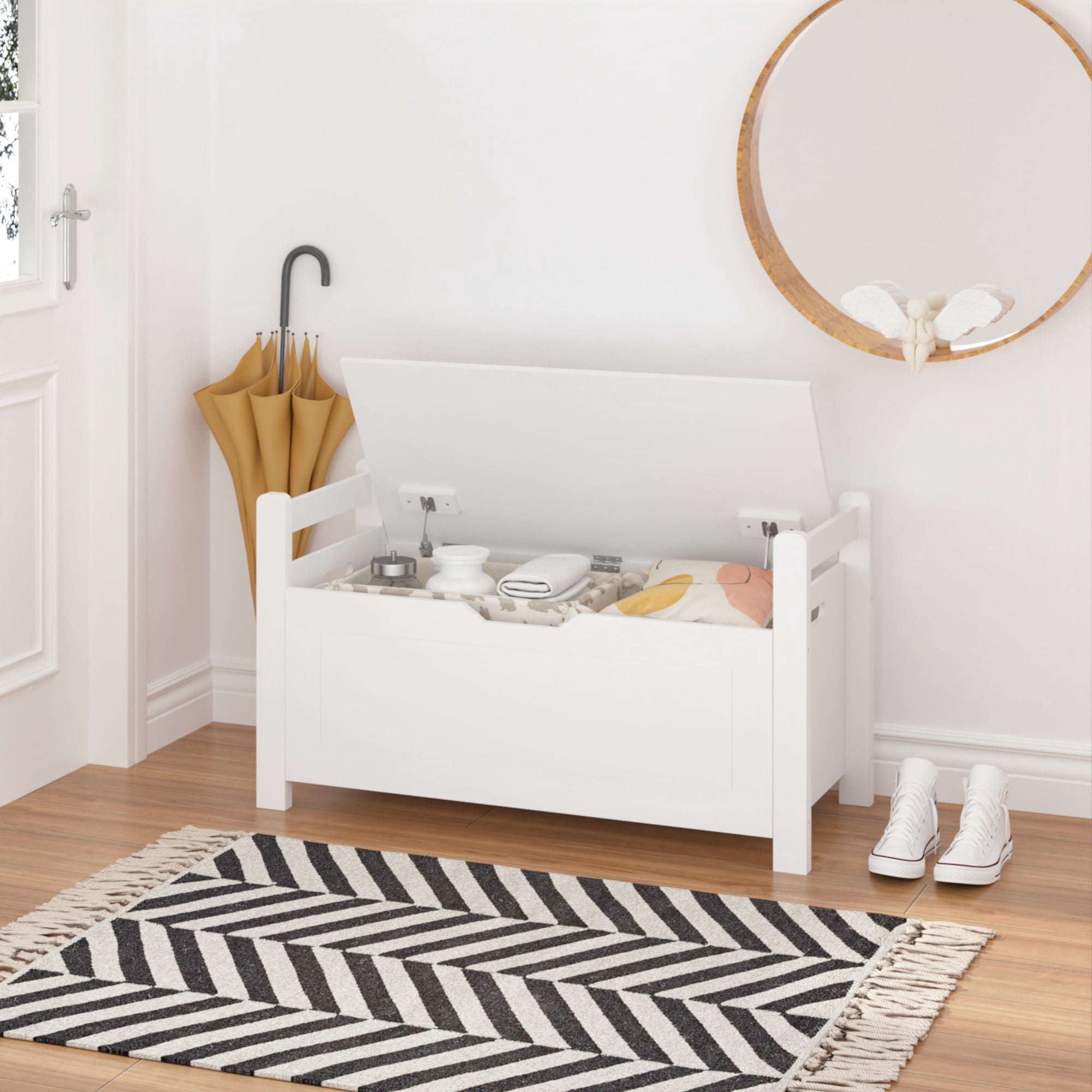 Peispie Kids Toy Box Chest with Cushion Seat Bench, White Toy Storage Organizer Trunk, Large Cabinet with Flip-Top Lid & Safety Hinge for Nursery, Playroom, Bedroom
