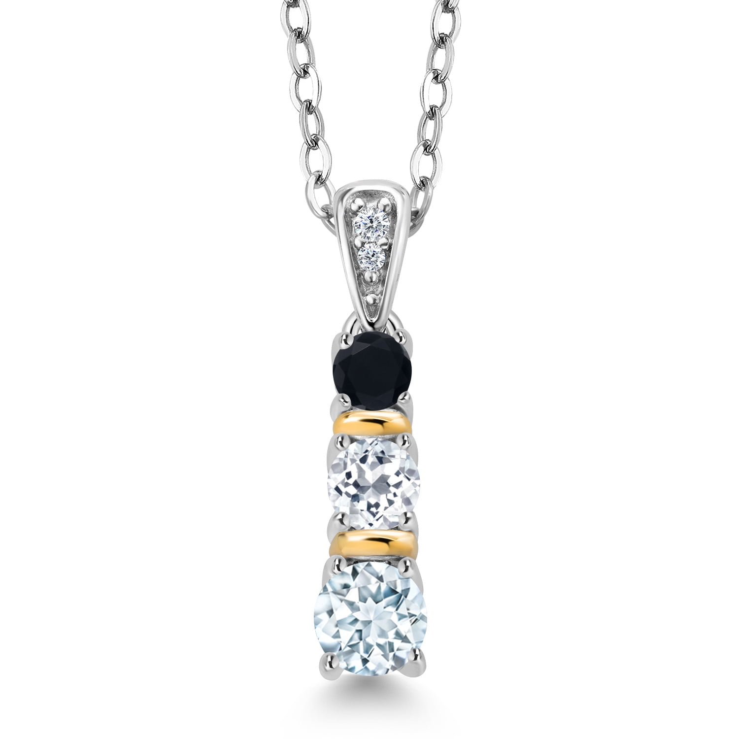 Gem Stone King 925 Silver and 10K Yellow Gold Round Sky Blue Aquamarine White Topaz and Black Onyx Pendant Necklace for Women (0.57 Cttw, Gemstone March Birthstone, with 18 inch Chain)