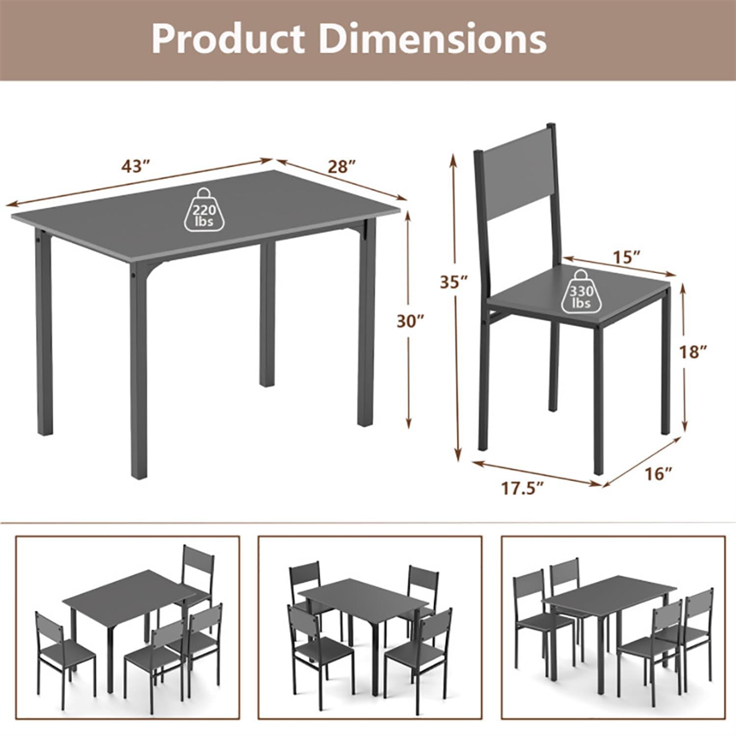 Demi Bonn 5-Piece Dining Table Set with 4 Chairs, 43"dustrial Kitchen Table with Metal Frame, Perfect for Small Space, Gray