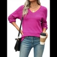 thumbnail image 1 of Suéter Informal de Larga con Cuello en V, Tejido Acanalado y Crochet Ligero para Mujer (Otoño 2025) Rosa Roja L, 1 of 7